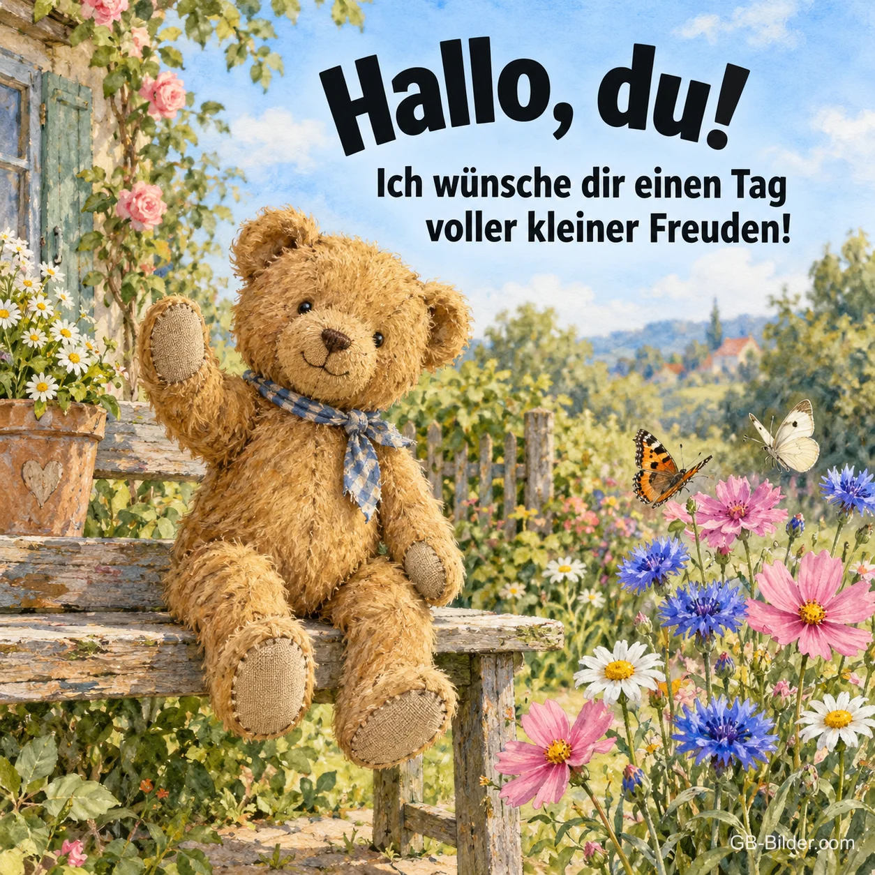 Winkender Teddybär auf einer Gartenbank, Text: Hallo, du! Ich wünsche dir einen Tag voller kleiner Freuden! Winkender Teddybär auf einer Gartenbank, Text: Hallo, du! Ich wünsche dir einen Tag voller kleiner Freuden!