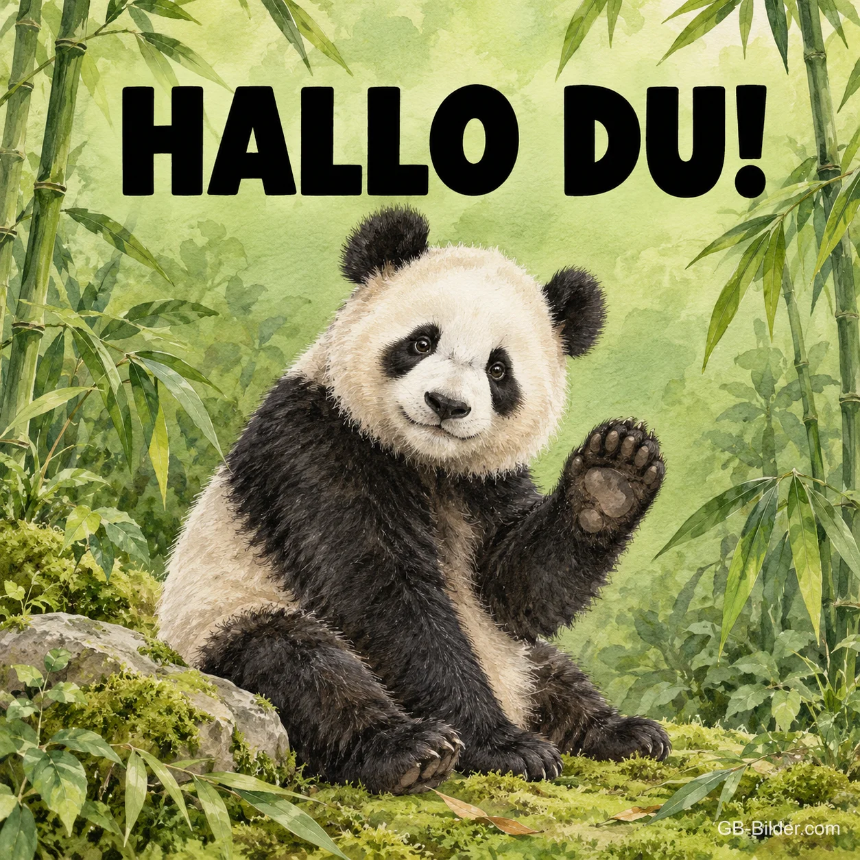 Panda hebt grüßend die Pfote im Bambuswald, Text: Hallo du! Panda hebt grüßend die Pfote im Bambuswald, Text: Hallo du!