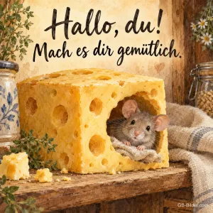 Maus schaut aus einem Käse, Text: Hallo, du! Mach es dir gemütlich.