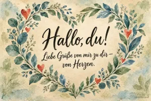Blätterkranz mit Herzen in Aquarell, Text: Hallo, du! Liebe Grüße von mir zu dir – von Herzen.