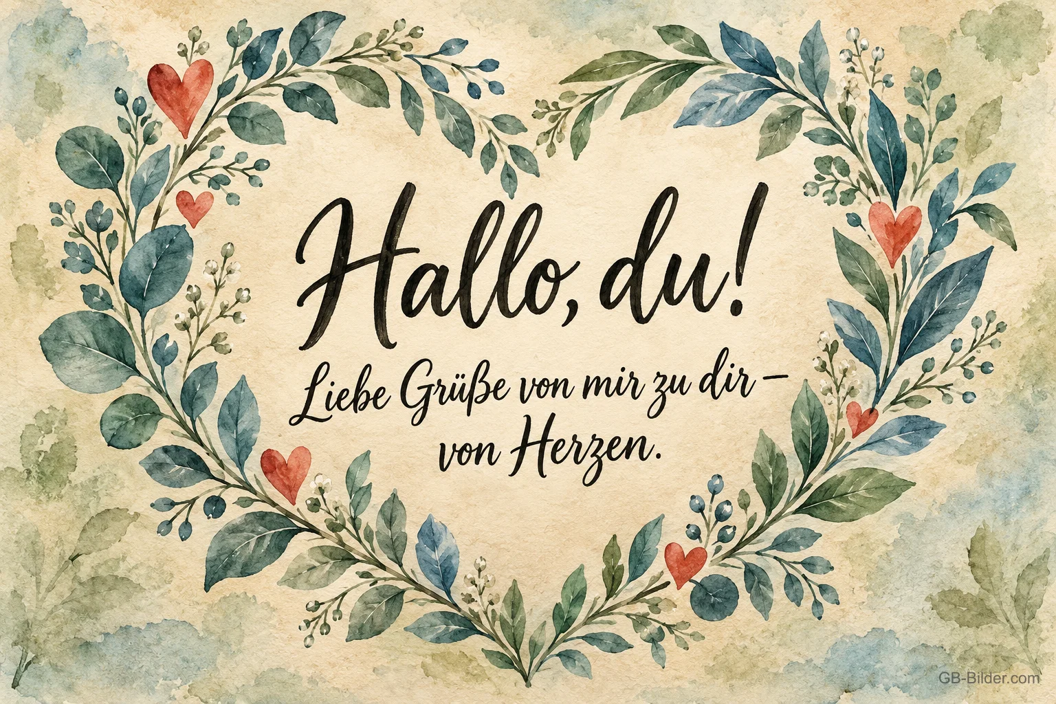 Blätterkranz mit Herzen in Aquarell, Text: Hallo, du! Liebe Grüße von mir zu dir – von Herzen. Blätterkranz mit Herzen in Aquarell, Text: Hallo, du! Liebe Grüße von mir zu dir – von Herzen.