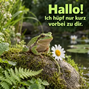 Laubfrosch auf bemoostem Stein am Teich, Text: Hallo! Ich hüpf nur kurz vorbei zu dir.
