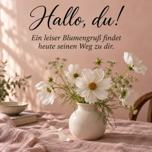 Weiße Schmuckkörbchen in einer Vase, Text: Hallo, du! Ein leiser Blumengruß findet heute seinen Weg zu dir.