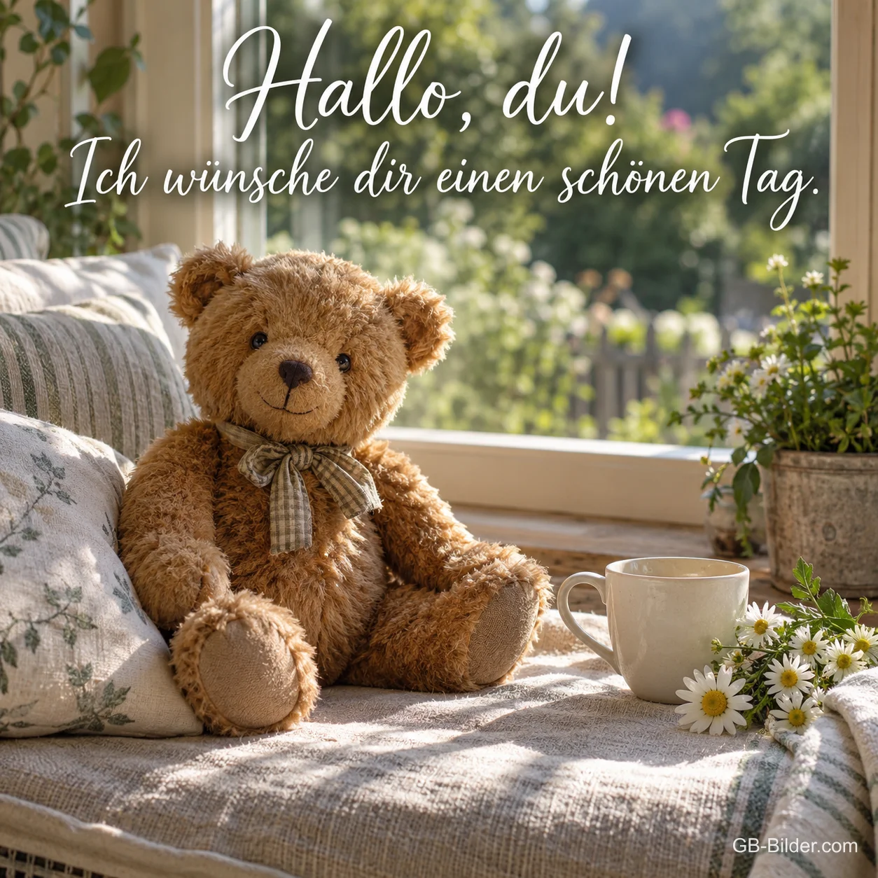 Teddybär neben einer Tasse am Fenster, Text: Hallo, du! Ich wünsche dir einen schönen Tag. Teddybär neben einer Tasse am Fenster, Text: Hallo, du! Ich wünsche dir einen schönen Tag.