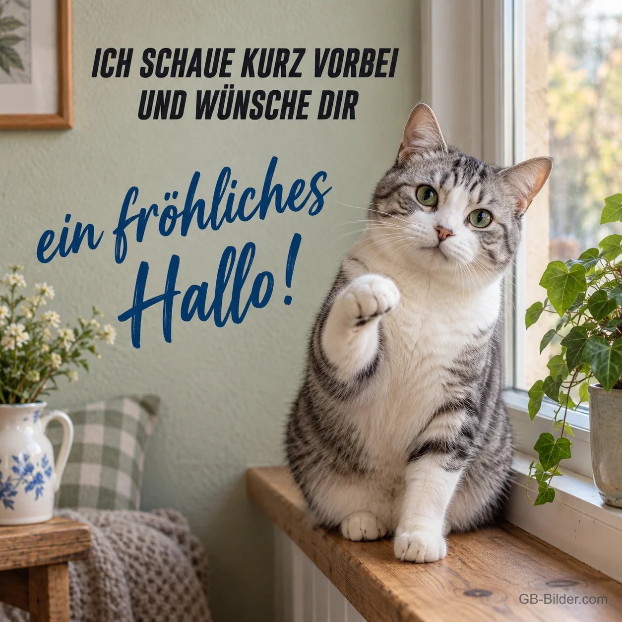 Winkende getigerte Katze am Fenster, Text: Ich schaue kurz vorbei und wünsche dir ein fröhliches Hallo! Winkende getigerte Katze am Fenster, Text: Ich schaue kurz vorbei und wünsche dir ein fröhliches Hallo!