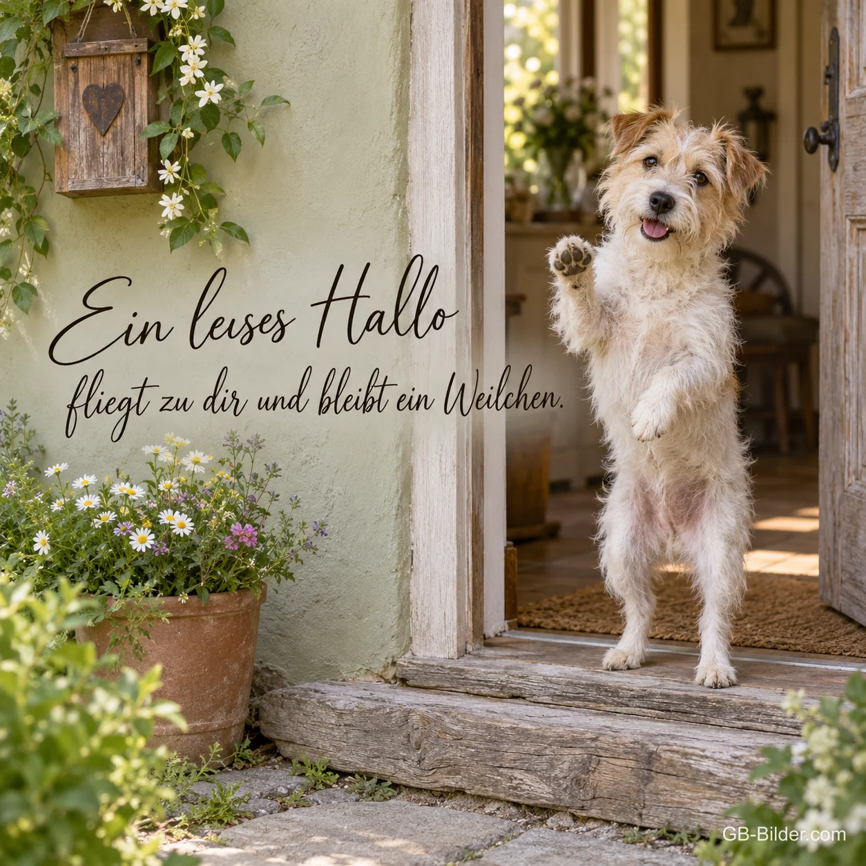 Winkender Terrier in einer Haustür, Text: Ein leises Hallo fliegt zu dir und bleibt ein Weilchen. Winkender Terrier in einer Haustür, Text: Ein leises Hallo fliegt zu dir und bleibt ein Weilchen.