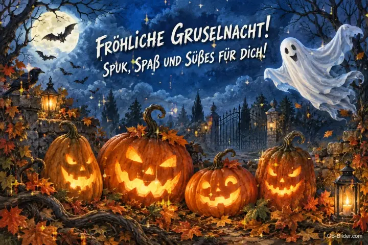 Kürbislaternen und Gespenst vor einem Friedhofstor bei Vollmond, Text: Fröhliche Gruselnacht! – Spuk, Spaß und Süßes für dich!