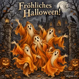 Lachende Gespenster in orangen Gewändern tanzen vor einem Spukschloss, Text: Fröhliches Halloween!