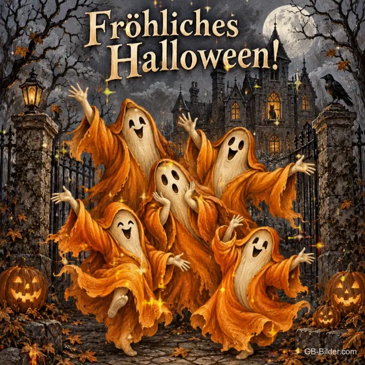 Lachende Gespenster in orangen Gewändern tanzen vor einem Spukschloss, Text: Fröhliches Halloween!