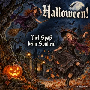 Zwei fröhliche Hexen fliegen und tanzen vor einem Kürbis, Text: Halloween! – Viel Spaß beim Spuken!