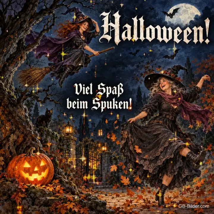 Zwei fröhliche Hexen fliegen und tanzen vor einem Kürbis, Text: Halloween! – Viel Spaß beim Spuken!