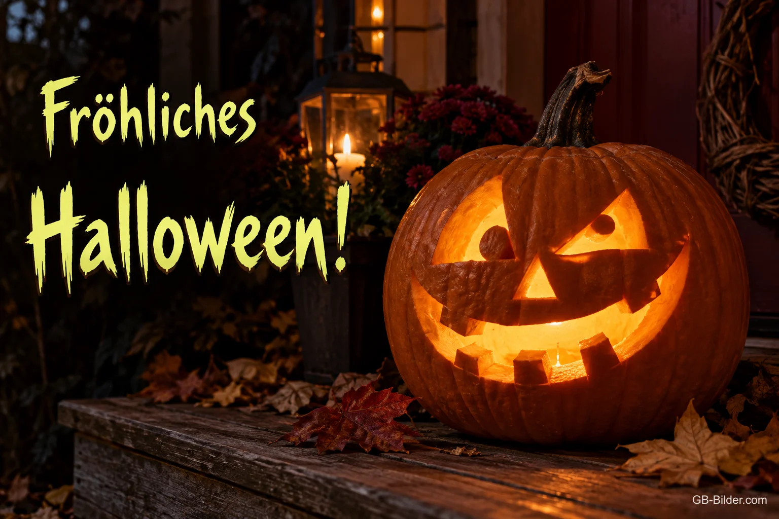 Leuchtende Kürbislaterne auf einer Veranda, Text: Fröhliches Halloween!