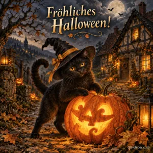 Schwarze Katze mit Hexenhut an einer Kürbislaterne im Dorf, Text: Fröhliches Halloween!