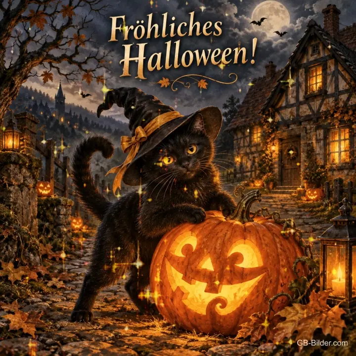 Schwarze Katze mit Hexenhut an einer Kürbislaterne im Dorf, Text: Fröhliches Halloween!