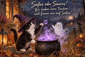 Katze mit Hexenhut am brodelnden Kessel, kleines Gespenst, Text: Süßes oder Saures! – Wir haben leere Taschen und freuen uns auf Süßes!