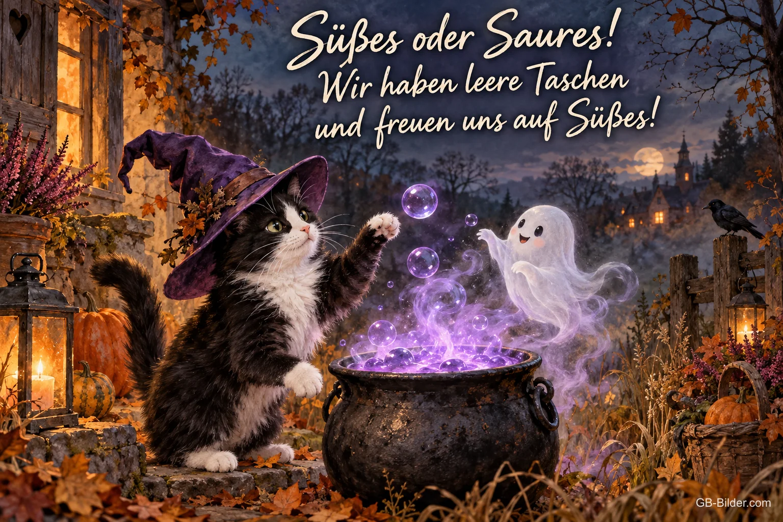 Katze mit Hexenhut am brodelnden Kessel, kleines Gespenst, Text: Süßes oder Saures! – Wir haben leere Taschen und freuen uns auf Süßes!