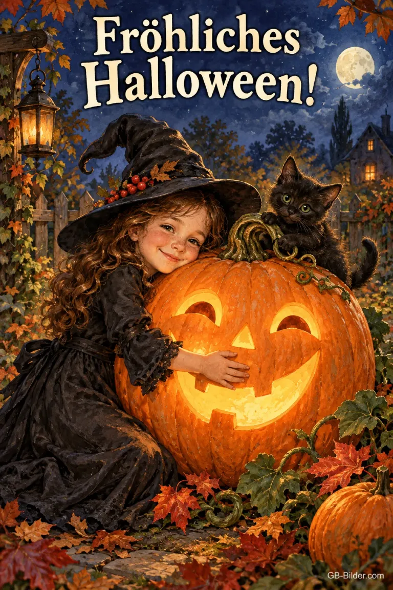 Kleine Hexe umarmt eine leuchtende Kürbislaterne, schwarzes Kätzchen, Text: Fröhliches Halloween!