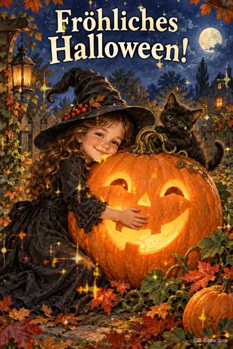 Kleine Hexe umarmt eine leuchtende Kürbislaterne, schwarzes Kätzchen, Text: Fröhliches Halloween!