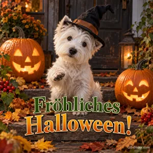 West-Highland-Terrier mit Hexenhut zwischen Kürbislaternen, Text: Fröhliches Halloween!