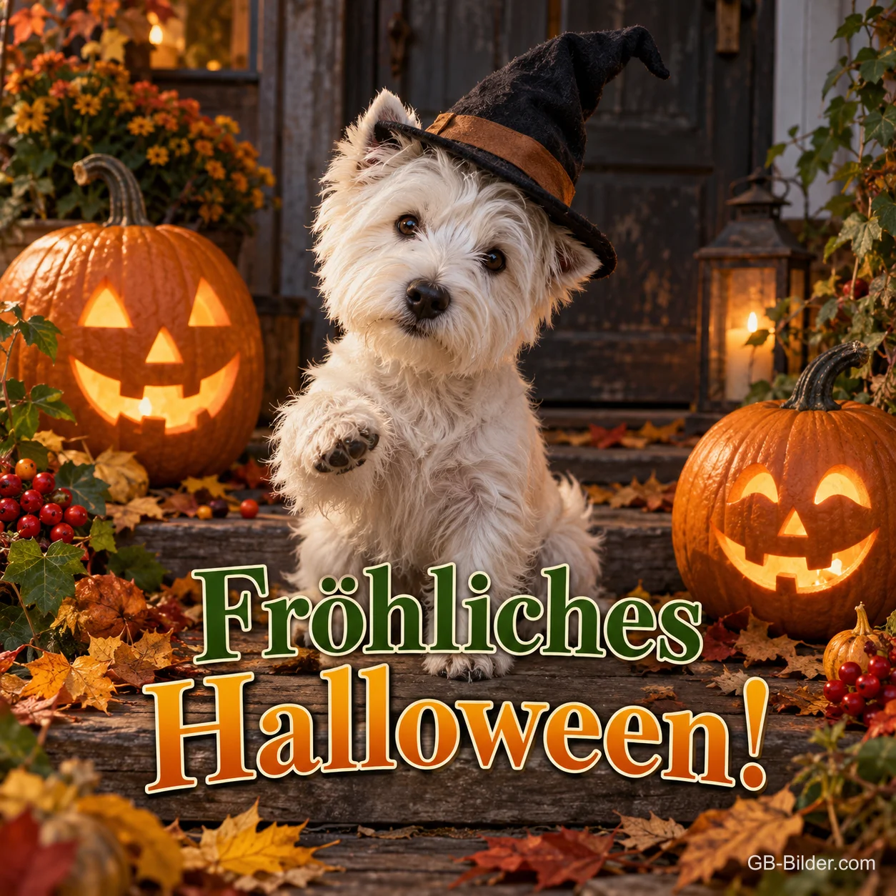 West-Highland-Terrier mit Hexenhut zwischen Kürbislaternen, Text: Fröhliches Halloween!