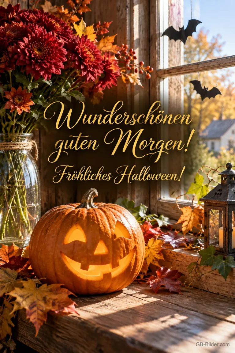 Kürbislaterne und Herbstblumen am Fenster, Fledermäuse, Text: Wunderschönen guten Morgen! – Fröhliches Halloween!