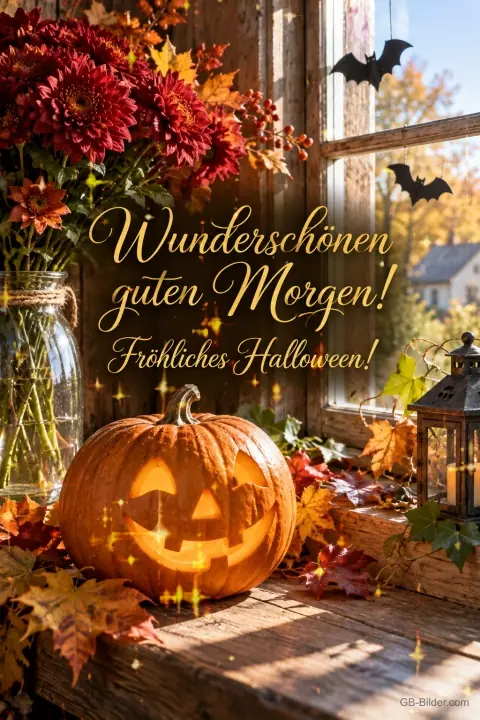 Kürbislaterne und Herbstblumen am Fenster, Fledermäuse, Text: Wunderschönen guten Morgen! – Fröhliches Halloween!
