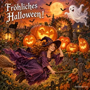 Hexe fliegt auf dem Besen über Kürbislaternen, Gespenst und Fledermäuse, Text: Fröhliches Halloween!