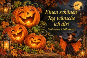 Lachende Kürbislaternen und Hexe mit Umhang im Herbstwald, Text: Einen schönen Tag wünsche ich dir! – Fröhliches Halloween!