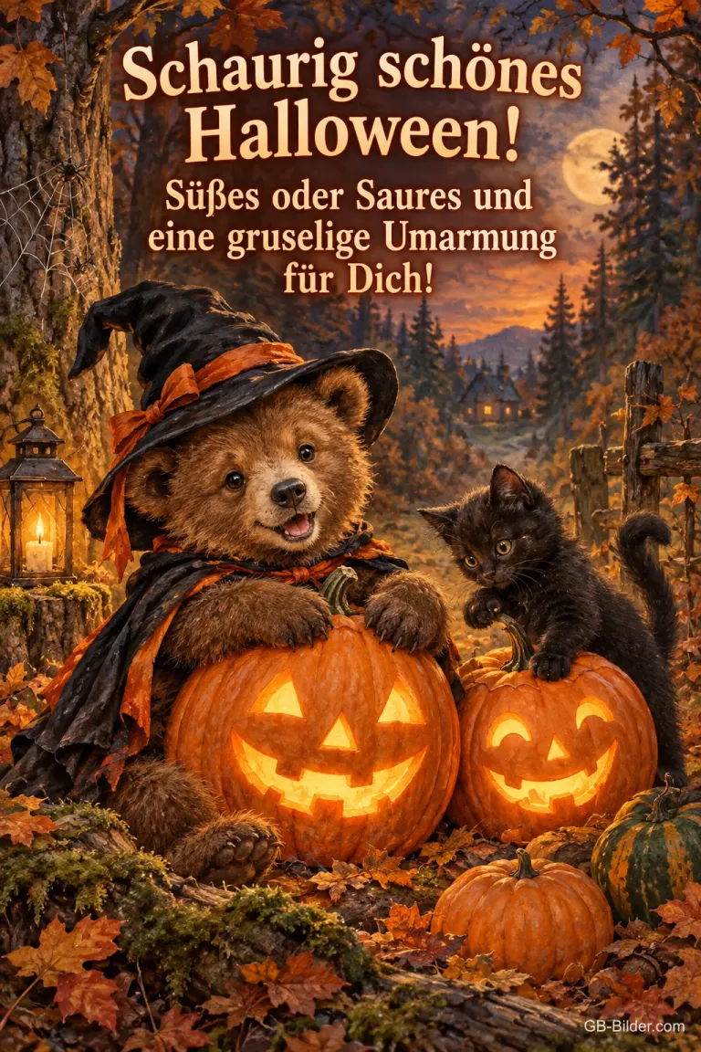 Bärenjunges mit Hexenhut und Katze an Kürbislaternen, Text: Schaurig schönes Halloween! – Süßes oder Saures und eine gruselige Umarmung für dich!