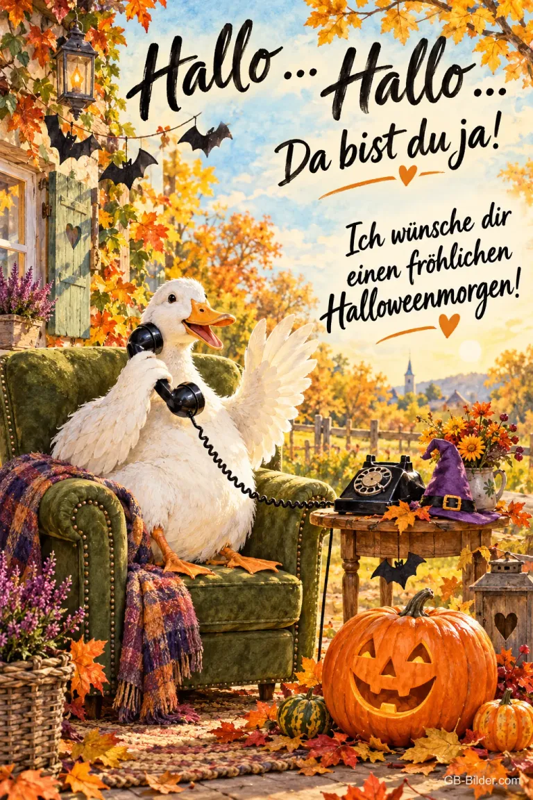 Ente telefoniert im Sessel neben Kürbislaterne, Text: Hallo … Hallo … Da bist du ja! – Ich wünsche dir einen fröhlichen Halloweenmorgen!