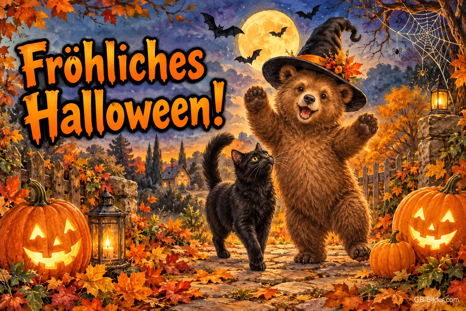 Bär mit Hexenhut tanzt mit schwarzer Katze zwischen Kürbislaternen, Text: Fröhliches Halloween!
