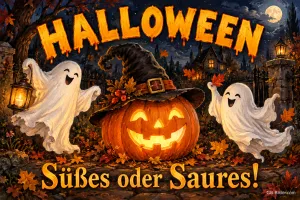 Zwei fröhliche Gespenster um eine Kürbislaterne mit Hexenhut, Text: HALLOWEEN – Süßes oder Saures!