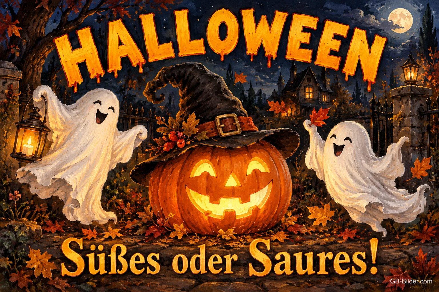 Zwei fröhliche Gespenster um eine Kürbislaterne mit Hexenhut, Text: HALLOWEEN – Süßes oder Saures!