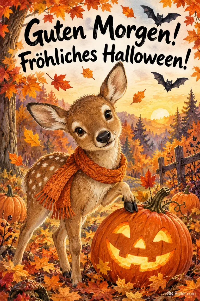 Rehkitz mit Schal stützt sich auf eine Kürbislaterne im Herbstwald, Text: Guten Morgen! – Fröhliches Halloween!