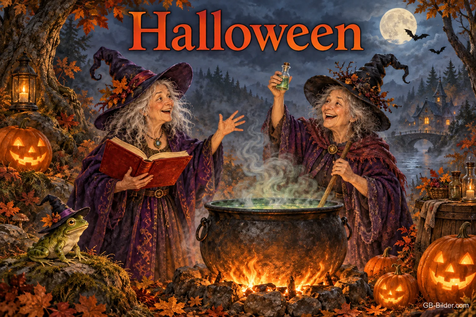 Zwei alte Hexen brauen einen Trank am brodelnden Kessel, Text: Halloween