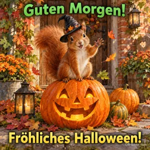 Eichhörnchen mit Hexenhut winkt auf einer Kürbislaterne, Text: Guten Morgen! – Fröhliches Halloween!