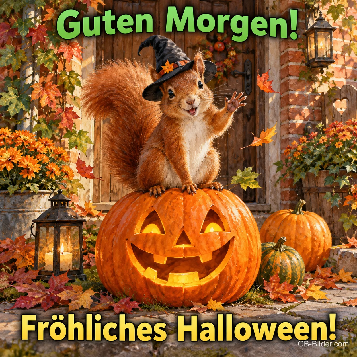 Eichhörnchen mit Hexenhut winkt auf einer Kürbislaterne, Text: Guten Morgen! – Fröhliches Halloween!