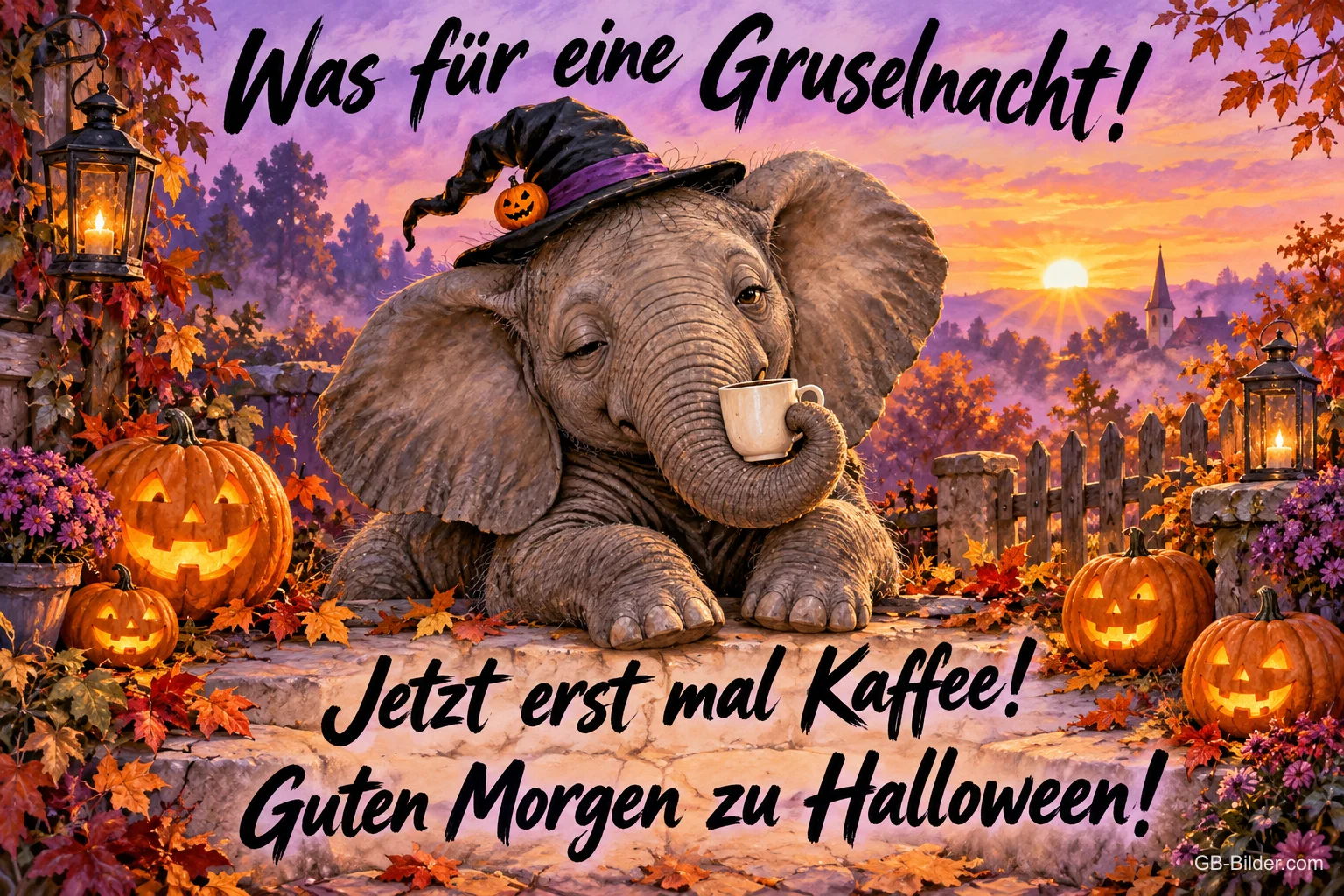 Elefantenkalb mit Hexenhut trinkt Kaffee zwischen Kürbislaternen, Text: Was für eine Gruselnacht! – Jetzt erst mal Kaffee! Guten Morgen zu Halloween!