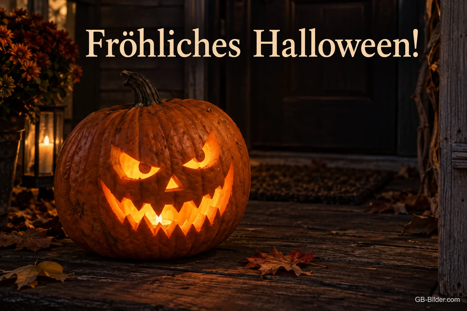 Leuchtende Kürbislaterne vor einer Haustür, Text: Fröhliches Halloween!