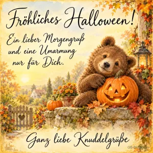 Bärenjunges umarmt eine Kürbislaterne auf einer Mauer im Herbstlaub, Text: Fröhliches Halloween! – Ein lieber Morgengruß und eine Umarmung nur für dich. Ganz liebe Knuddelgrüße
