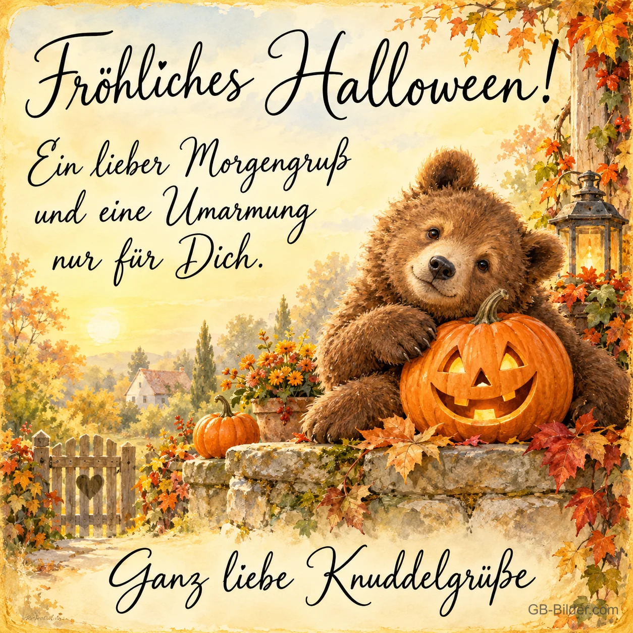 Bärenjunges umarmt eine Kürbislaterne auf einer Mauer im Herbstlaub, Text: Fröhliches Halloween! – Ein lieber Morgengruß und eine Umarmung nur für dich. Ganz liebe Knuddelgrüße