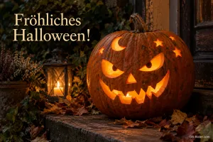 Grinsende Kürbislaterne mit Mond und Sternen vor einer Tür, Text: Fröhliches Halloween!