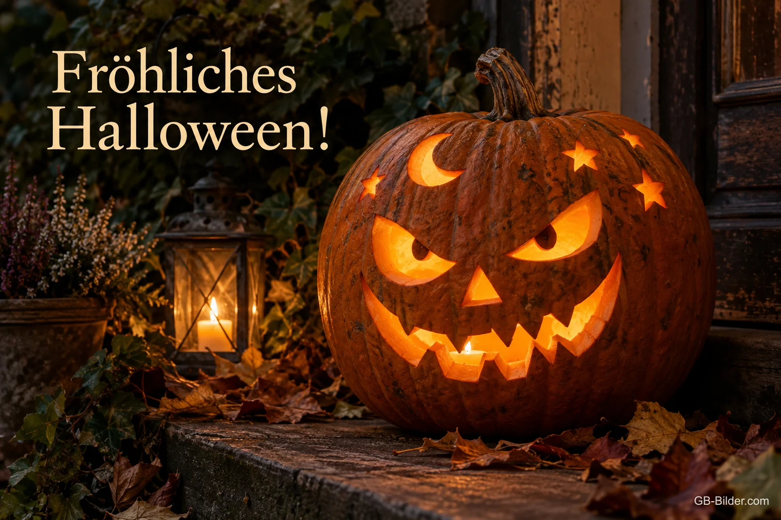 Grinsende Kürbislaterne mit Mond und Sternen vor einer Tür, Text: Fröhliches Halloween!