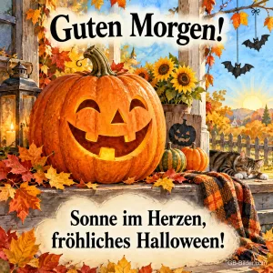 Lachende Kürbislaterne zwischen Sonnenblumen und Herbstlaub, Text: Guten Morgen! – Sonne im Herzen, fröhliches Halloween!