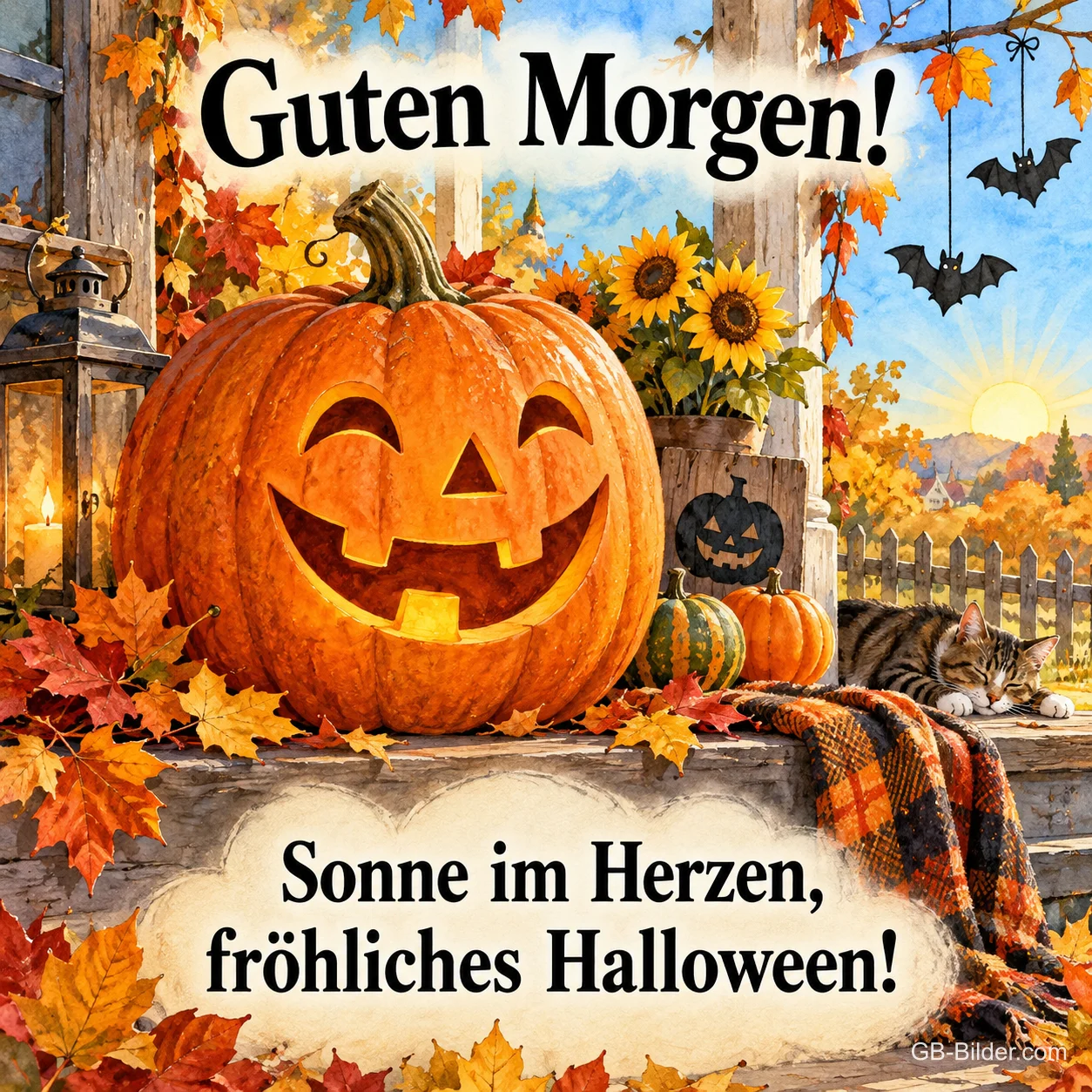 Lachende Kürbislaterne zwischen Sonnenblumen und Herbstlaub, Text: Guten Morgen! – Sonne im Herzen, fröhliches Halloween!