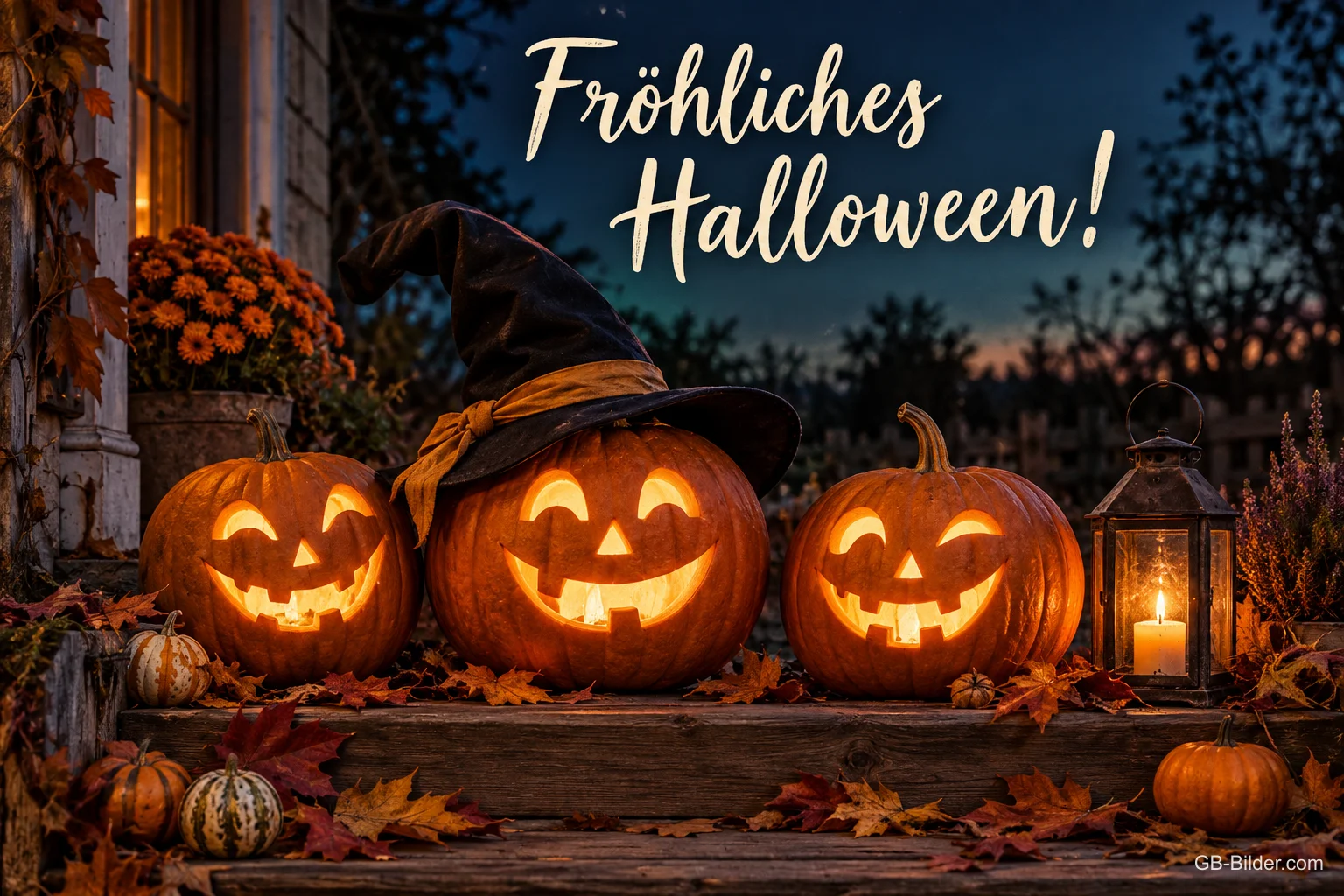 Drei leuchtende Kürbislaternen vor einem Haus, Text: Fröhliches Halloween!