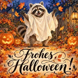 Waschbär im Bettlaken-Gespensterkostüm zwischen Kürbislaternen, Text: Frohes Halloween!