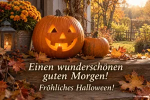Kürbislaterne mit Herbstlaub vor einem Haus, Text: Einen wunderschönen guten Morgen! – Fröhliches Halloween!