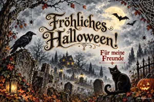 Schwarze Katze und Rabe auf einem nebligen Friedhof mit Kürbis, Text: Fröhliches Halloween! – Für meine Freunde
