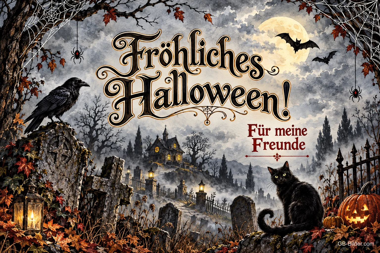 Schwarze Katze und Rabe auf einem nebligen Friedhof mit Kürbis, Text: Fröhliches Halloween! – Für meine Freunde